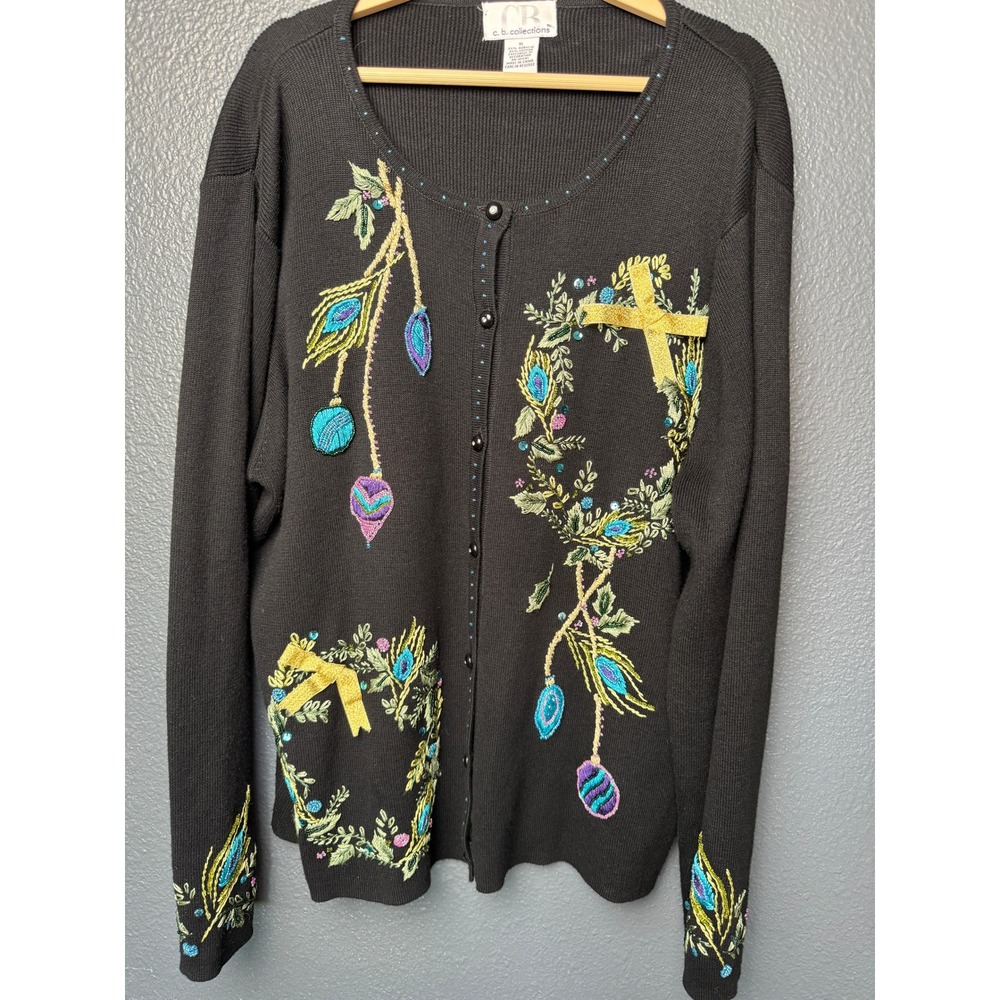 C.B. Collections Black Embellished Embroidered Cardigan Sweater Size‎ XL